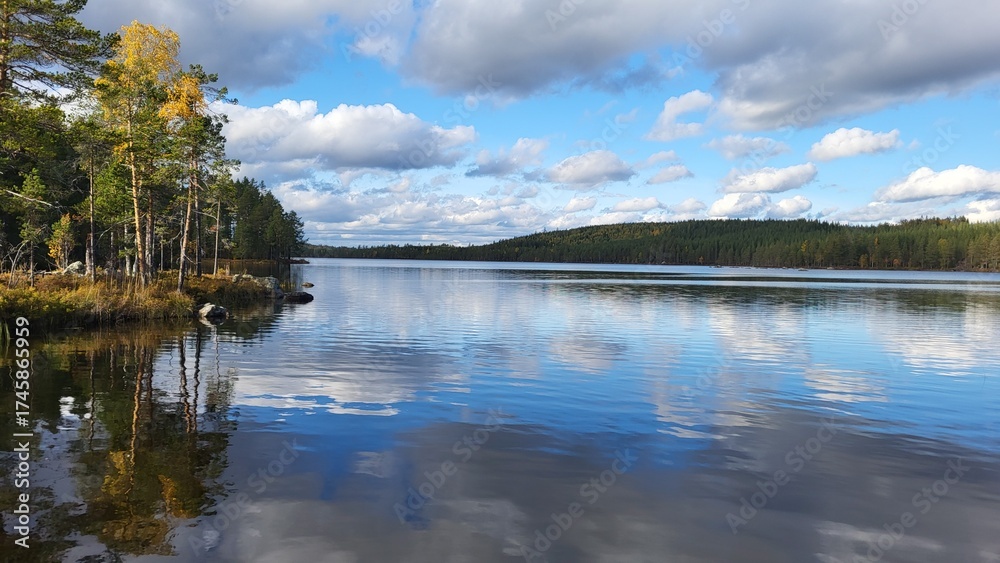 Obraz premium Calm lake reflecting a blue sky and autumn trees on a clear day in a serene natural setting