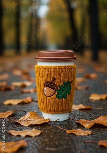 a yellow knit mug with an acorn design, placed on a wet, autumnal park path covered in fallen leaves.