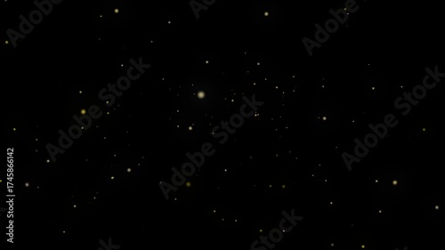 Glitter Particles flying on dark alpha channel. Abstract moving banner with sparkling lights and shining fireflies. Design for overlay effect. Realistic graphic animated footage