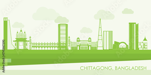 Green Skyline panorama of city of Chittagong, Bangladesh - vector illustration