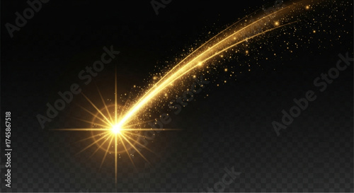 A dazzling golden comet streaks across the darkness, a celestial spectacle of light and cosmic energy. This illustration shows a bright stardust and celestial beauty. vector illustration
