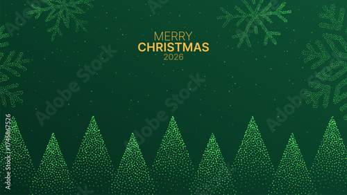 Green christmas vector background with snowflakes and christmas dotted design. Festive holiday greeting card with merry Christmas 2026 text.