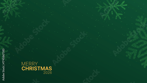 Merry Christmas 2026 text with dot snowflake pattern on green background. Festive wintry design for greeting card or holiday celebration.