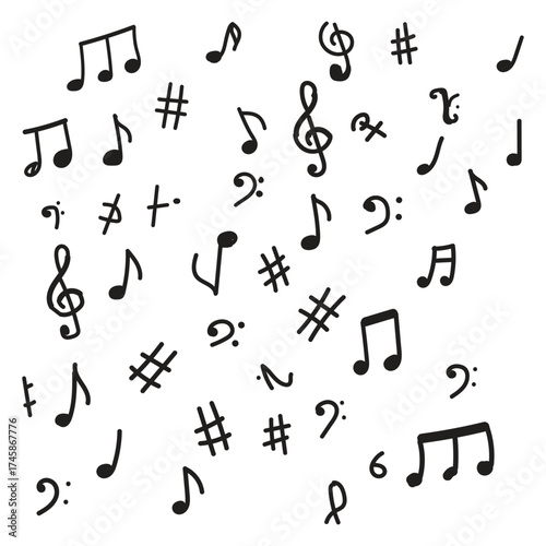Hand drawn musical notes and symbols scattered randomly on a white background creating a playful artistic composition