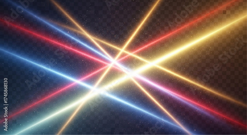 A vibrant interplay of colored lights streaks across a dark background, showcasing energetic light beams in this dynamic scene. vector illustration