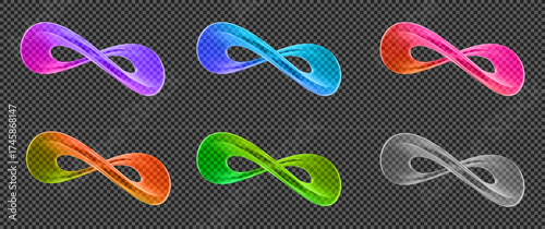 3d set neon, glass transparent Infinity symbol. Y2k element. Gradient mesh. Stock vector illustration on isolated background.