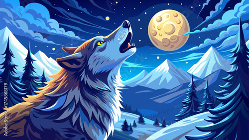 Very beautiful   close up Wolf Howling at the Supermoon in Winter Wonderland