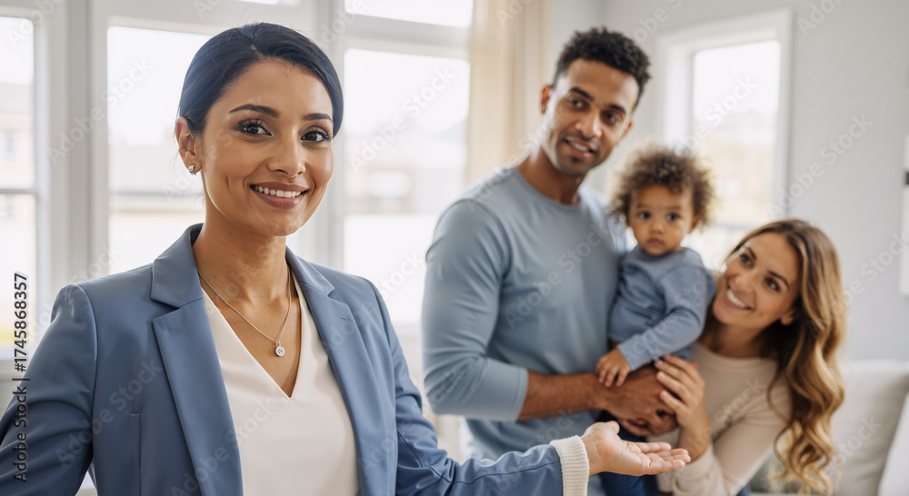 Fototapeta premium cheerful professional woman introducing happy family in bright modern home interior