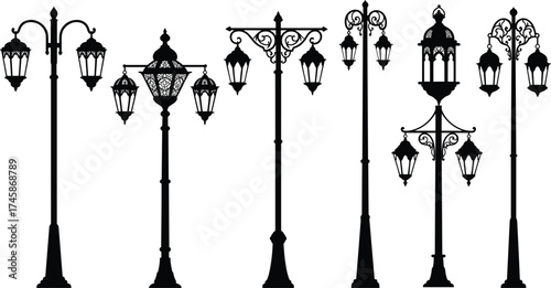 street, lamp, silhouette, ornate, decorative, vintage, lantern, pole, urban, outdoor, city, architecture, design