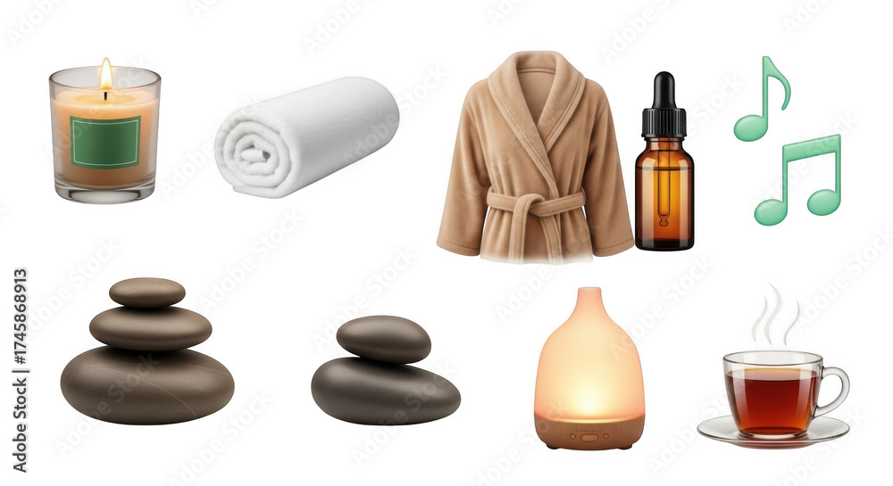 Obraz premium Relaxation spa items collection candle rolled towel robe stones diffuser hot drink and music notes