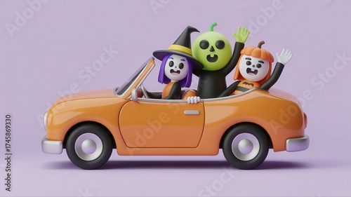 cartoon characters dressed for halloween wave from an orange convertible