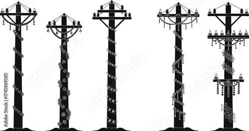 utility, pole, silhouette, decorative, artistic, flower, vine, ornament, electricity, infrastructure, urban, outdoor