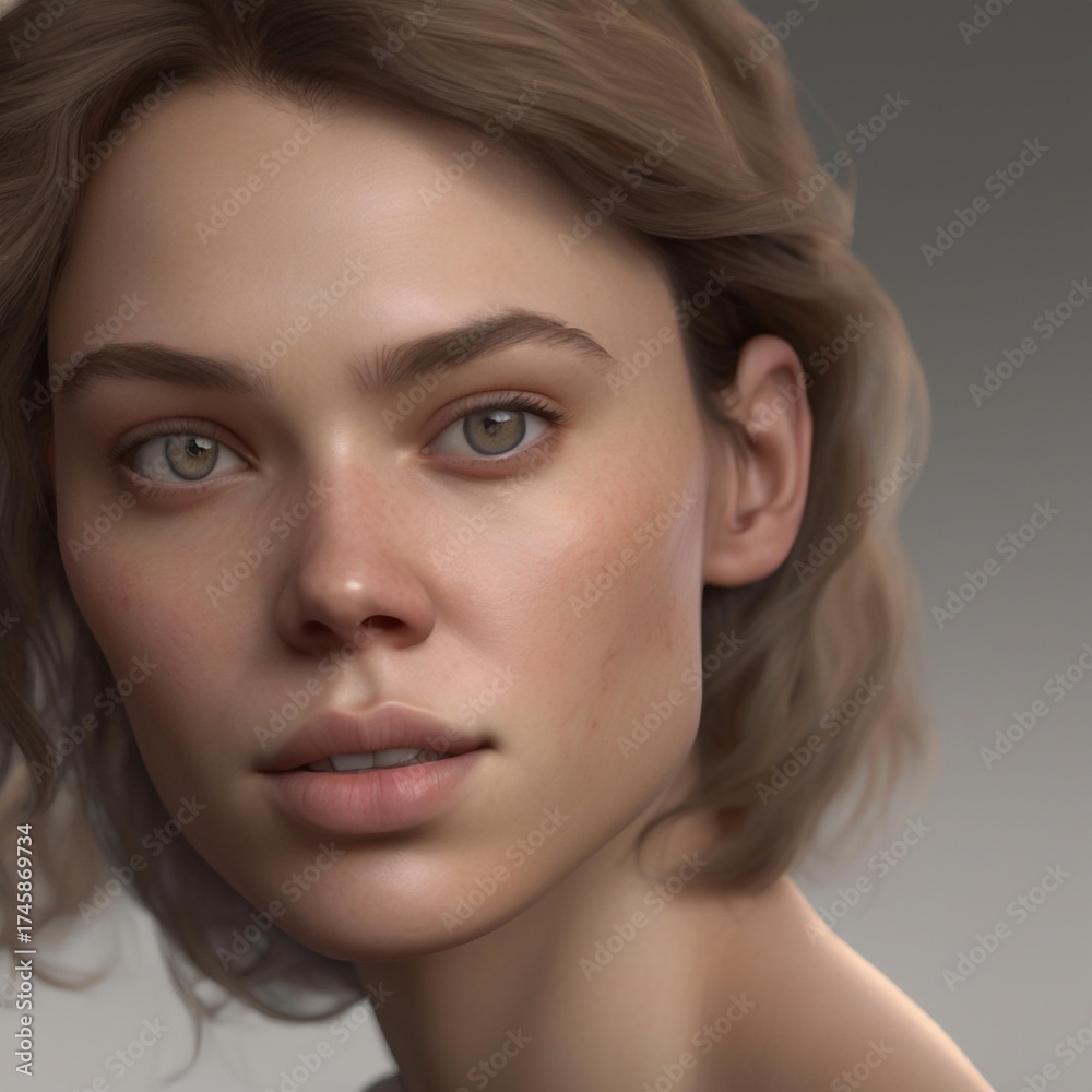 Obraz premium A highly detailed, hyper-realistic close-up portrait of an AI-generated human face. This digital artwork features lifelike skin textures, expressive eyes, and natural lighting.