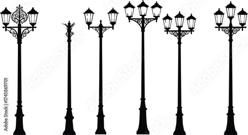 street, lamp, silhouette, ornate, decorative, vintage, lantern, pole, urban, outdoor, city, architecture, design, vector, illustration, public, lighting, infrastructure, historical, furniture, scenery