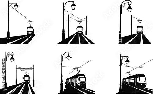 Vintage streetcars with street lamps and overhead wires, tram silhouette illustration, urban transportation vector design, black city infrastructure artwork