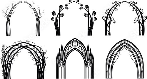 Fantasy and gothic decorative archways, ornate silhouette illustration, tree and vine arches, architectural entrance designs, black vector artwork collection