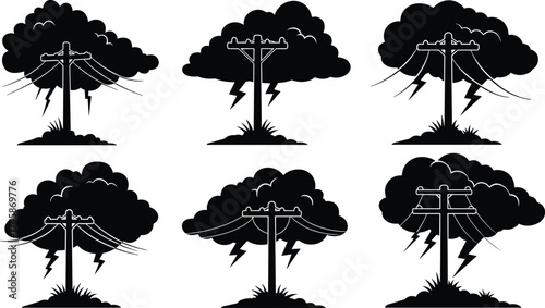 Utility poles with storm clouds and lightning strikes, electrical infrastructure danger, silhouette vector illustration, severe weather power line design collection