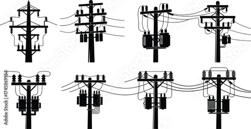 Utility poles with transformers and power lines, electrical distribution system silhouettes, infrastructure design variations, black vector illustration, engineering reference collection