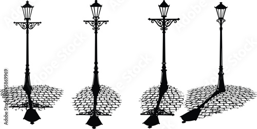 Vintage street lamps casting shadows on cobblestone pavement, ornate decorative lamp post silhouettes, urban outdoor lighting vector illustration, black artistic design