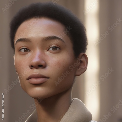 A highly detailed, hyper-realistic close-up portrait of an AI-generated human face. This digital artwork features lifelike skin textures, expressive eyes, and natural lighting.