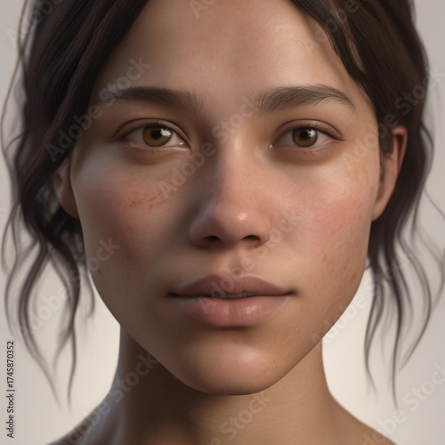A highly detailed, hyper-realistic close-up portrait of an AI-generated human face. This digital artwork features lifelike skin textures, expressive eyes, and natural lighting.