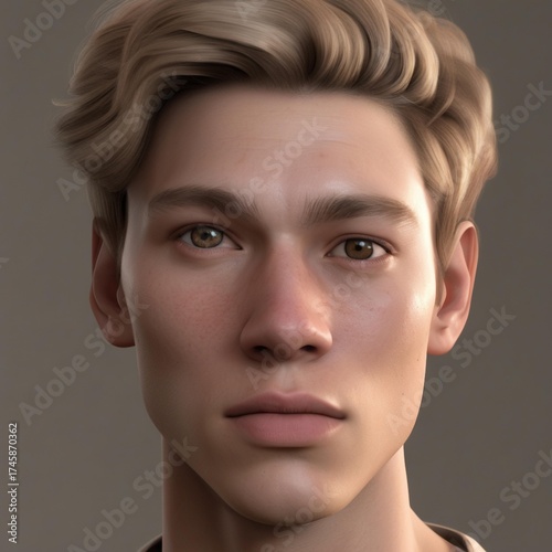 A highly detailed, hyper-realistic close-up portrait of an AI-generated human face. This digital artwork features lifelike skin textures, expressive eyes, and natural lighting.