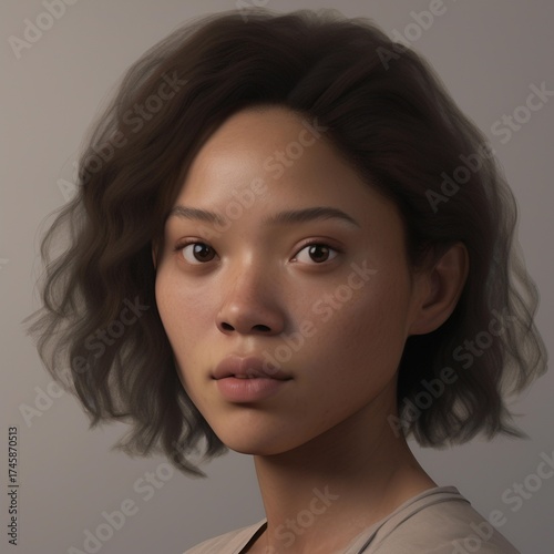 A highly detailed, hyper-realistic close-up portrait of an AI-generated human face. This digital artwork features lifelike skin textures, expressive eyes, and natural lighting.