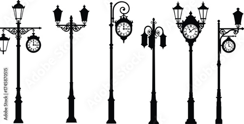 Ornate street lamps with vintage clocks, decorative silhouette illustration, urban outdoor lighting design, architectural lamp post variations, black vector collection