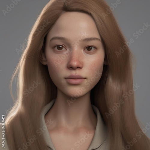 A highly detailed, hyper-realistic close-up portrait of an AI-generated human face. This digital artwork features lifelike skin textures, expressive eyes, and natural lighting.