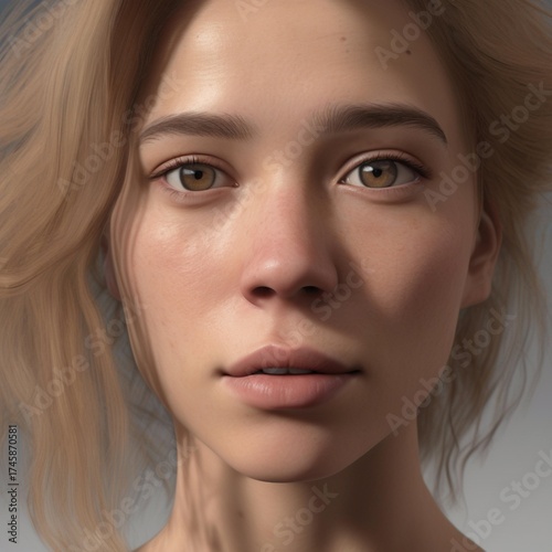 A highly detailed, hyper-realistic close-up portrait of an AI-generated human face. This digital artwork features lifelike skin textures, expressive eyes, and natural lighting.