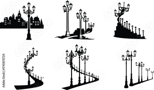 Ornate street lamps with cityscape silhouettes, urban pathways and benches, decorative vector illustration, architectural outdoor lighting design black silhouette