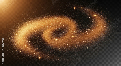 A mesmerizing golden galaxy, swirling gracefully against a translucent background. Its captivating spiral arms and radiant stars, a vision of cosmic beauty. vector illustration