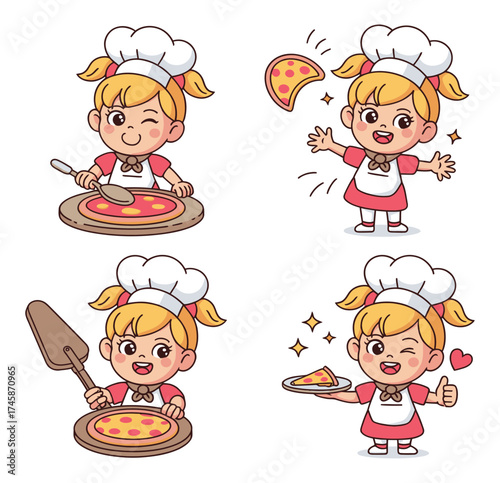 Cute cartoon girl chef making pizza in different poses