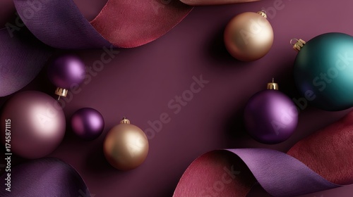 Festive christmas ornaments and ribbons on maroon background with elegant metallic baubles