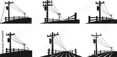 Utility poles with transformers and power lines, rural and urban electricity distribution silhouettes, energy infrastructure illustration, engineering design concept artwork