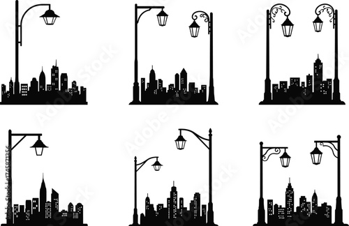 City skyline silhouettes with decorative street lamps, urban architecture illustration, classic outdoor lighting design, elegant cityscape artwork, metropolitan design concept