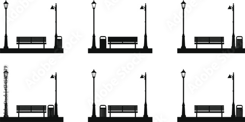 Urban street scene silhouettes with lamps, bench, and trash can, decorative outdoor design illustration, city architecture concept, public space artwork