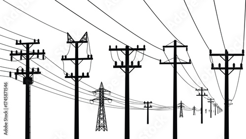 Electrical power transmission towers and utility poles with wires, high voltage distribution network, energy grid infrastructure illustration, electricity engineering design art