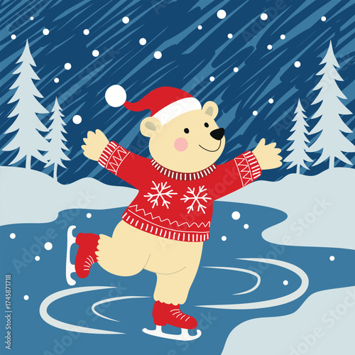 Illustration of a polar bear wearing a red Christmas sweater and Santa hat, joyfully ice skating on a frozen pond. For holiday cards, winter posters, and festive designs.