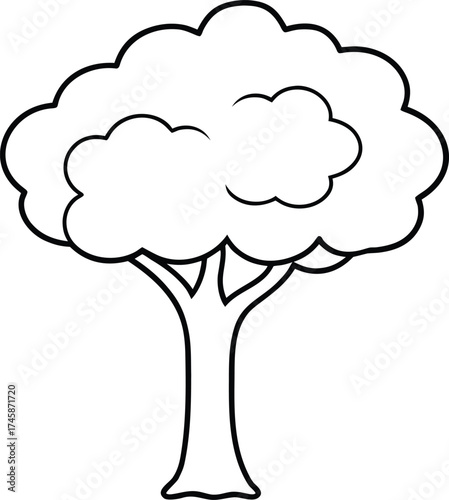 Simple outline drawing of a deciduous tree with a full canopy and thick trunk