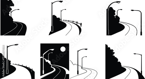 curved, road, street, lamp, silhouette, tree, guardrail, moon, night, urban, outdoor, city, architecture, design, vector, illustration, public, lighting, infrastructure, landscape, scenery