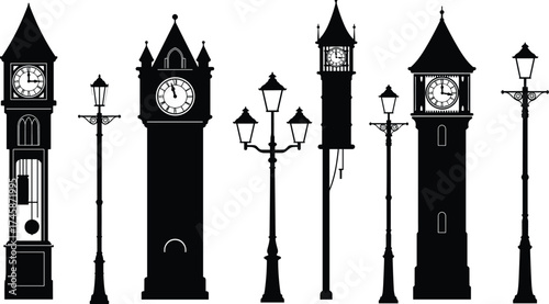 clock, tower, street, lamp, silhouette, ornate, vintage, Victorian, architecture, urban, city, decorative, pole, design, vector, illustration, public, lighting, historical, furniture, landmark