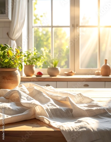 Kitchen interior, warm light, plants, and a cozy ambiance