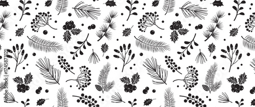Christmas plant seamless pattern, winter pine cone, berry, fir, tree, leaves, mistletoe background. Branch and sprig, New Year floral bg. Nature black and white print. Holiday vector illustration