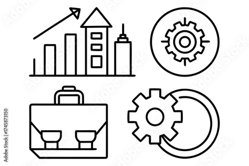 Simple Line Art Business Icons and Financial Elements Vector Set on White