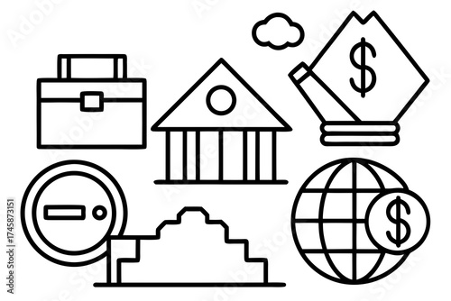 Simple Line Art Business Icons and Financial Elements Vector Set on White
