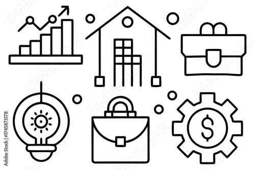 Simple Line Art Business Icons and Financial Elements Vector Set on White