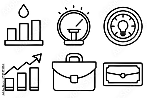 Simple Line Art Business Icons and Financial Elements Vector Set on White
