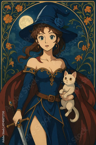 A cel-style illustration of a cat and a girl.generated by AI.
