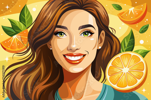 vector of Beautiful woman smiling with orange fruit. Positive woman with glowing face. Vitamin recommended for skin. Girl model with natural makeup and glowing hydrated skin. Vitamin C cosmetics...